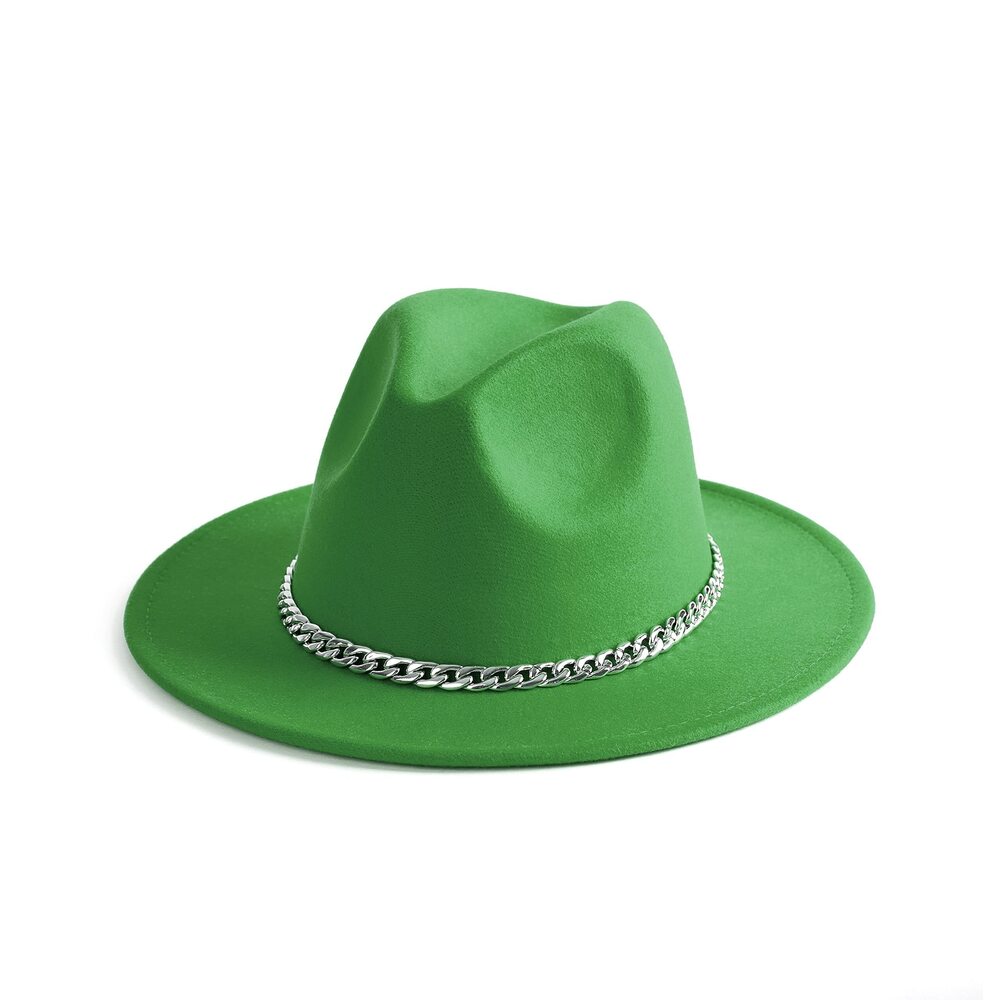 7736 Wide Brim Fedoran Hat with Chain Belt Buckle -Green